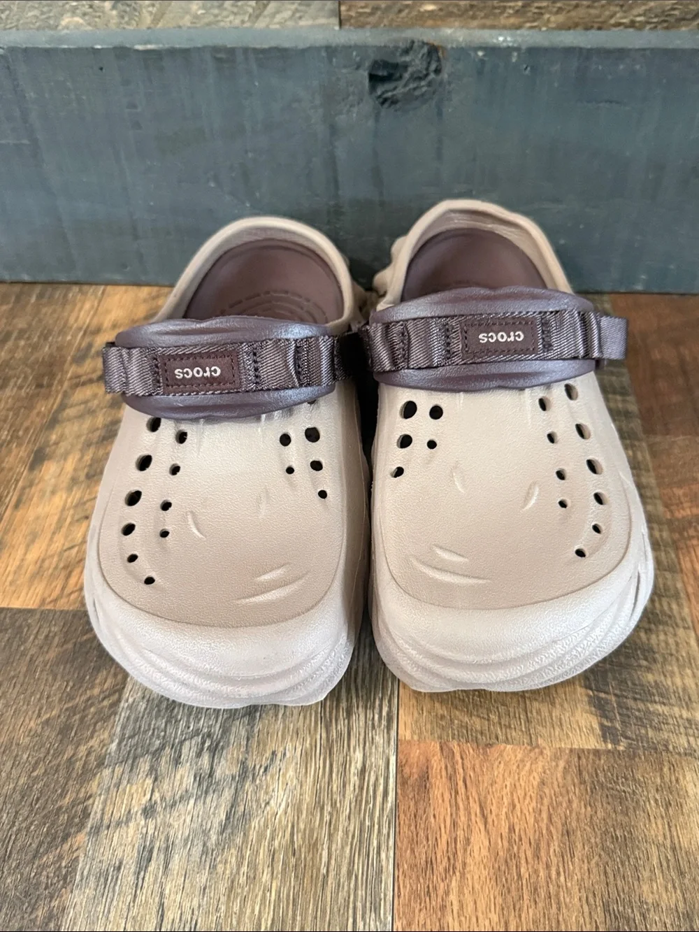 CROCS Slip-On Clogs in Taupe with Dark Brown Strap. Run a little big.